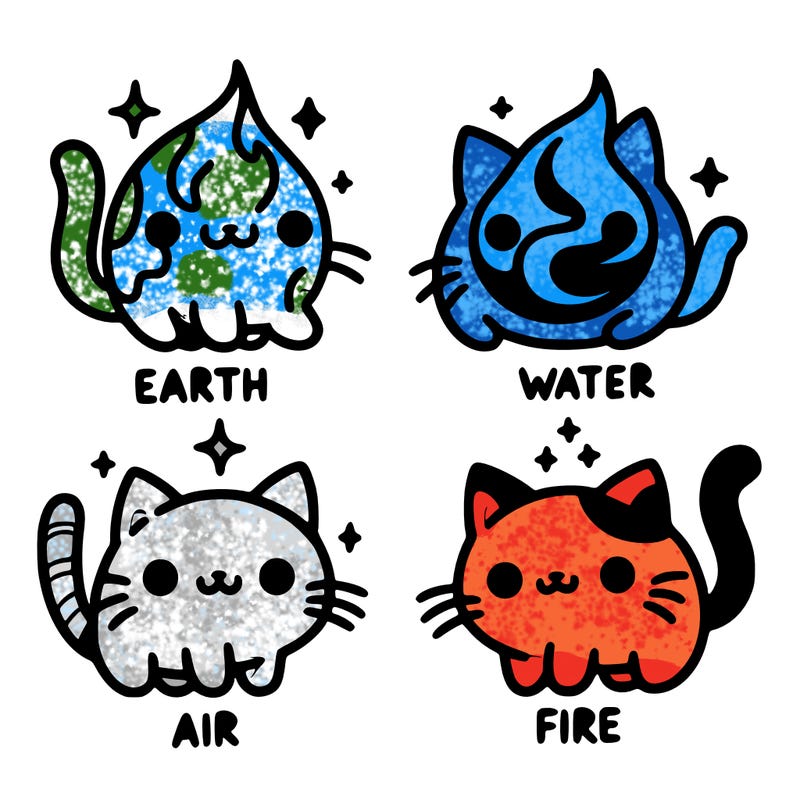 4 cats that represent the different elements, earth, water, air, and fire
