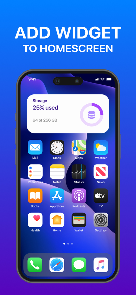 An iPhone home screen featuring a storage monitoring widget that displays the percentage of space used