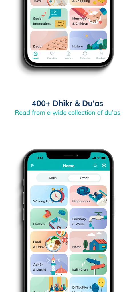 Dhikr & Dua - Dhikr and Dua app interface showing various prayer categories with modern illustrations.