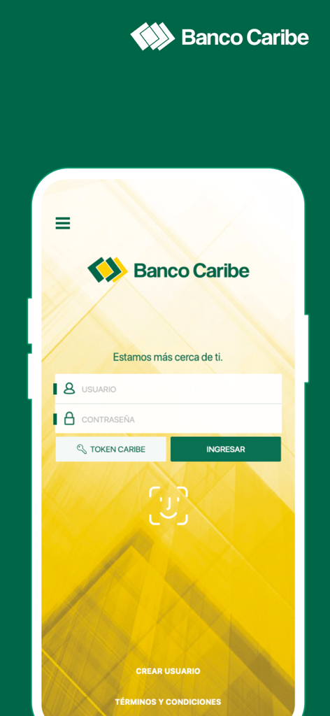 Banco Caribe - Pantalla de inicio de sesión para la aplicación de banca móvil de Banco Caribe que muestra los campos de nombre de usuario y contraseña