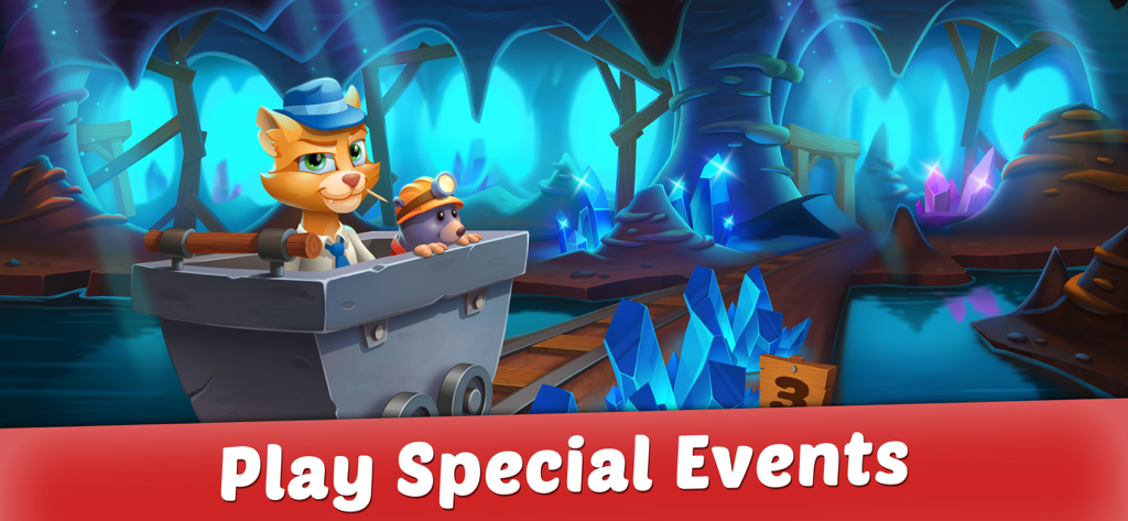 Solitaire: Forest Rescue - Chance and George characters in a mining cart inside a glowing crystal cave promoting special events.