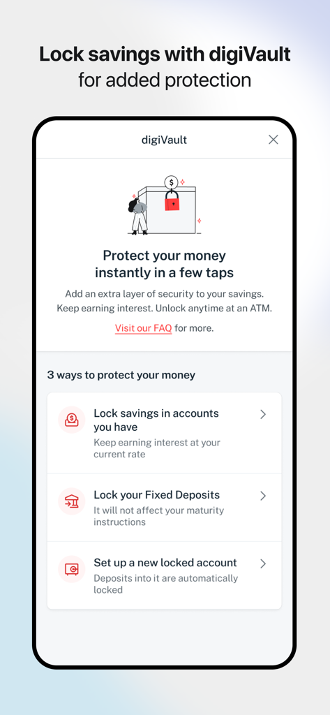 POSB digibank - POSB digibank app screen showing digiVault security features to lock savings accounts and fixed deposits for added protection