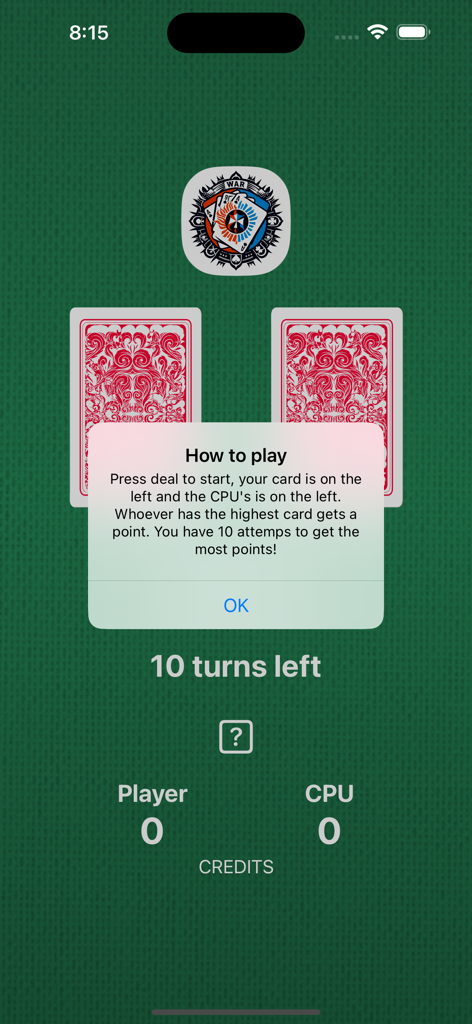 WAR! - Card Game - How to play instructions popup in the War card game app