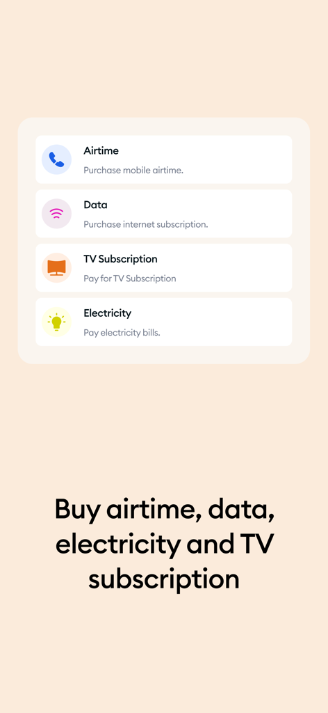 GIG Mobility app interface for paying airtime, data, TV, and electricity bills