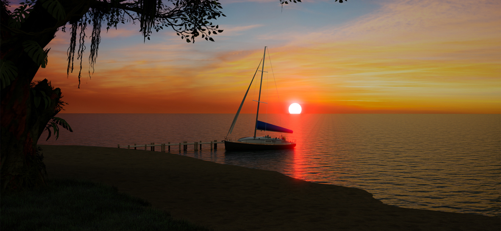 Un velero realista amarrado en un muelle de madera durante un vibrante atardecer