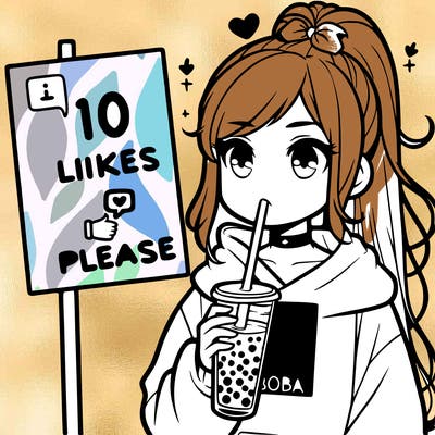 girl with a high ponytail and a hoodie drinking boba staring at a sign saying 10 likes please