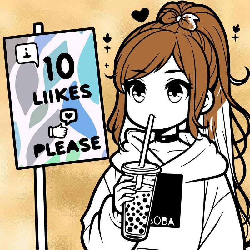 girl with a high ponytail and a hoodie drinking boba staring at a sign saying 10 likes please