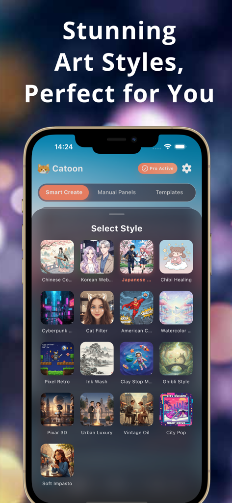 Catoon: AI Webtoon Comic Maker - A smartphone showing the Catoon app interface with various AI art styles like Korean Webtoon, Japanese Manga, and Ghibli style.