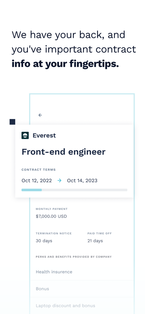 Tela do aplicativo móvel mostrando detalhes do contrato de trabalho para um engenheiro front-end, incluindo salário e benefícios