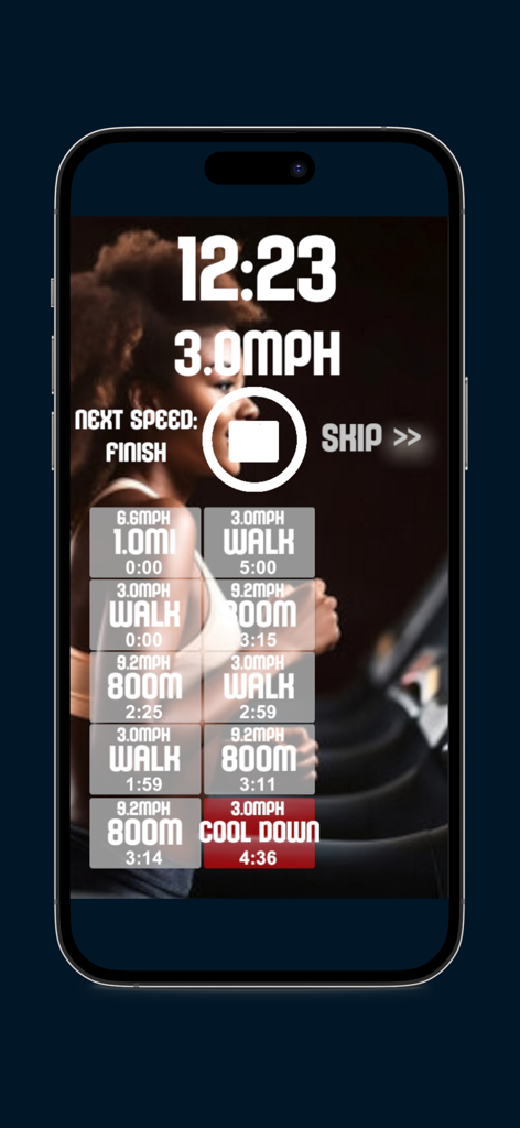 Interface of the Treadmill Trainer app showing current workout intervals and timer on a smartphone.
