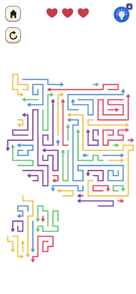 Arrow Block Jam - Escape Game - A gameplay screenshot of Arrow Block Jam showing a complex maze puzzle with colorful arrow shaped blocks