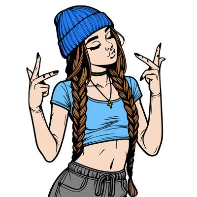 realistic teenage girl with braids and a beanie and crop top doing 🫶🏼