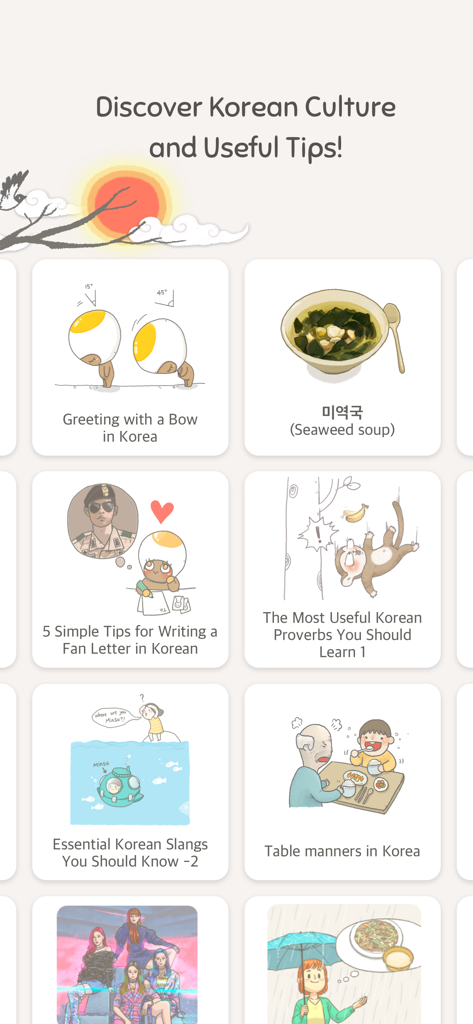 Eggbun: Learn Korean Fun - A screen from the Eggbun app displaying cards for learning Korean culture tips including greetings, food, and social manners.