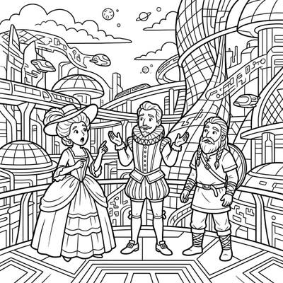 Embark on an extraordinary coloring adventure where historical figures find themselves in a stunning futuristic metropolis. This detailed page offers seniors a captivating journey through time, blending past elegance with future innovation.