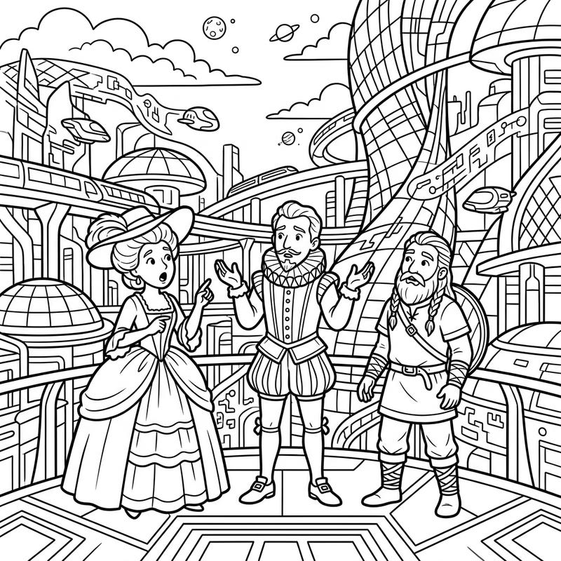 Embark on an extraordinary coloring adventure where historical figures find themselves in a stunning futuristic metropolis. This detailed page offers seniors a captivating journey through time, blending past elegance with future innovation.