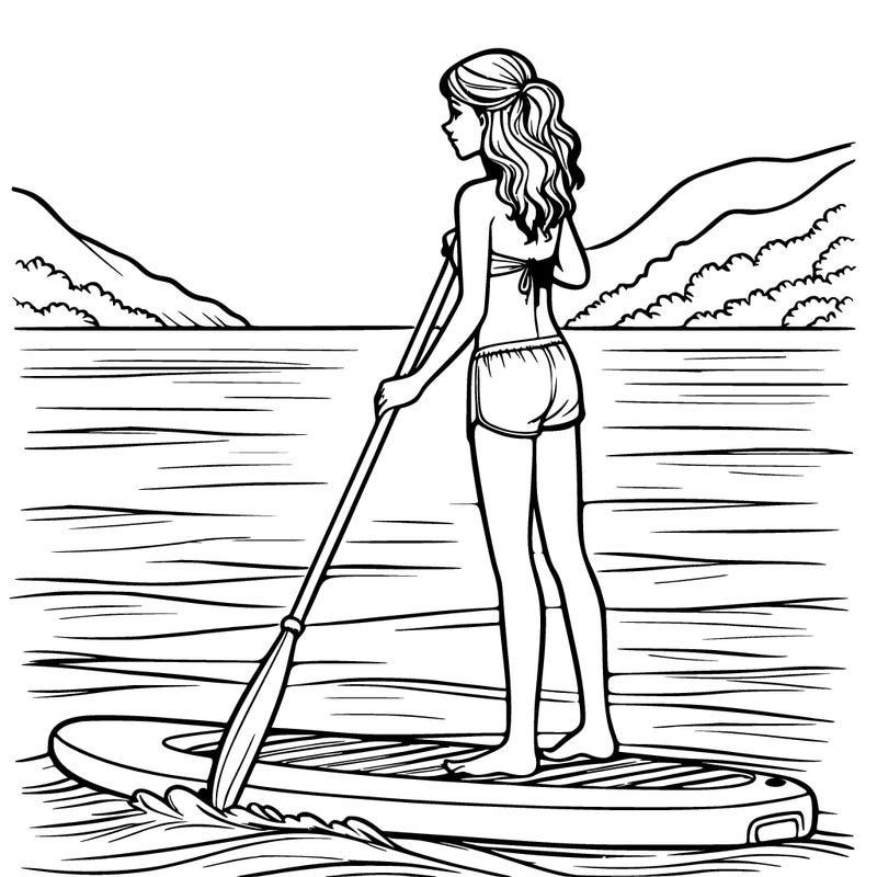 realistic girl paddle boarding in the sea