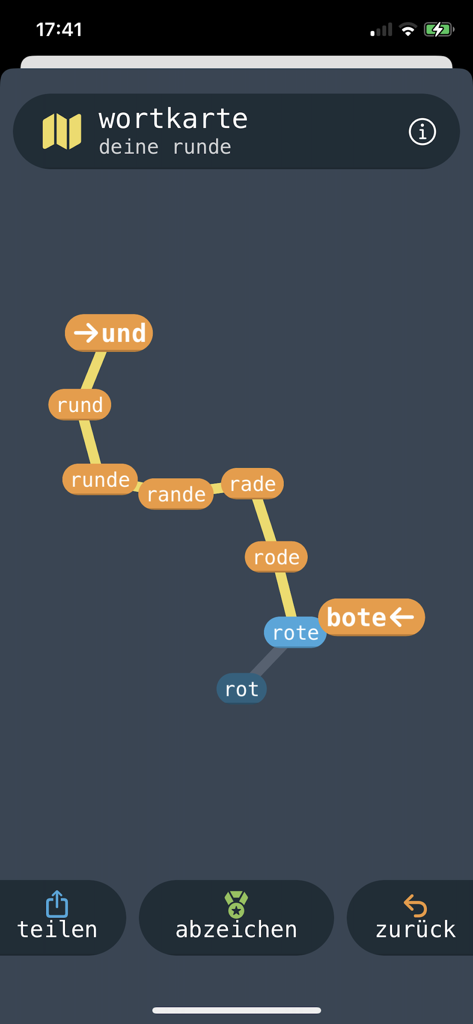 swop - ein wortspiel - A minimalist word map from the swop puzzle game showing a chain of connected German words on a dark background
