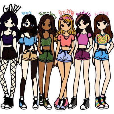 a group of girls wearing crop tops and shorts