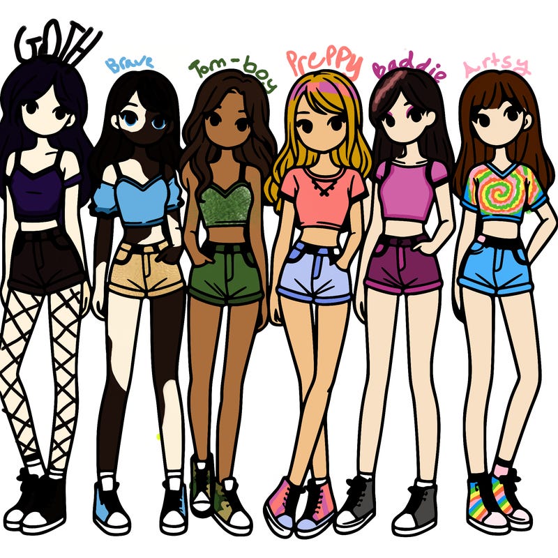 a group of girls wearing crop tops and shorts