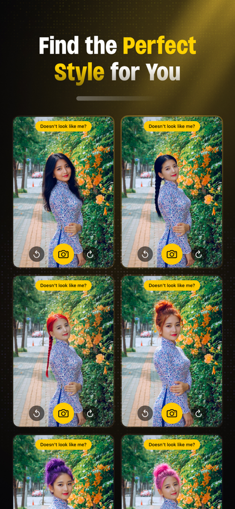 Hair Color & Style Changer AI - A grid displaying several AI generated hairstyles and vibrant hair colors on a woman