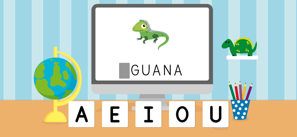 Juego interactivo de aprendizaje de vocales en español para niños con un ejercicio de deletreo de iguanas