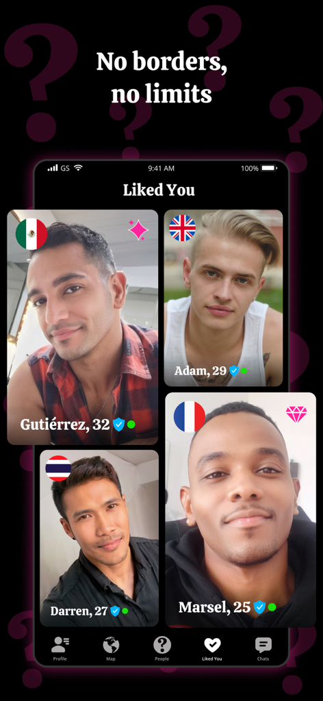 Interface do aplicativo de namoro gay Wonder exibindo correspondências globais e perfis verificados de diferentes países.