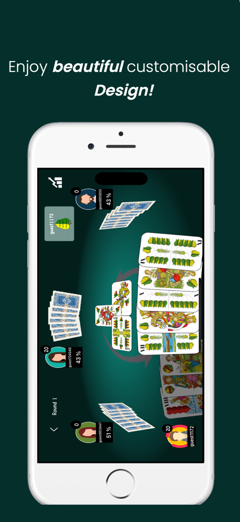 Bela - Belote Online - Bela Belote mobile game interface with customizable card designs