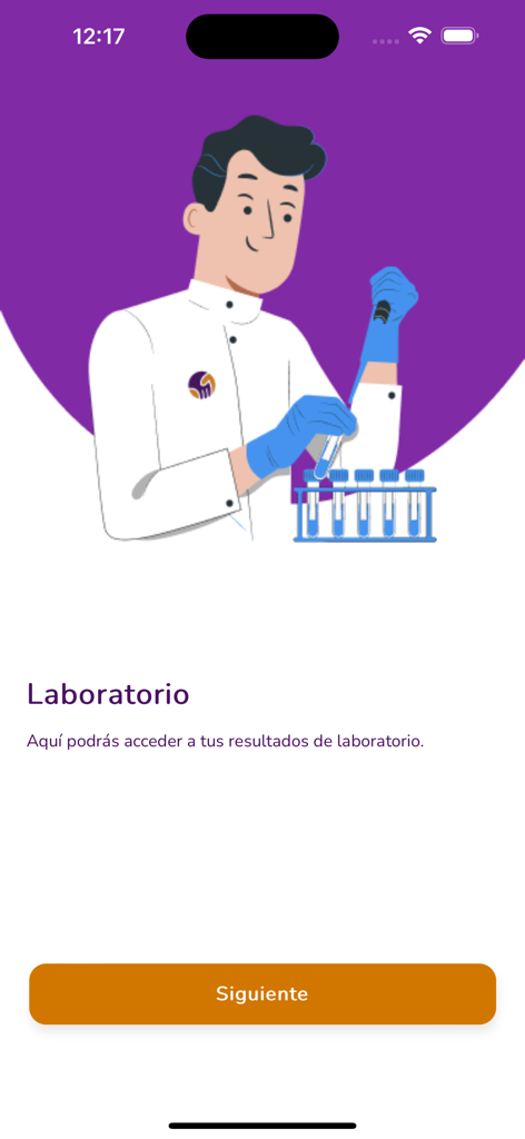 Écran du portail patient San Pablo pour accéder aux résultats de laboratoire avec une illustration d'un technicien de laboratoire.
