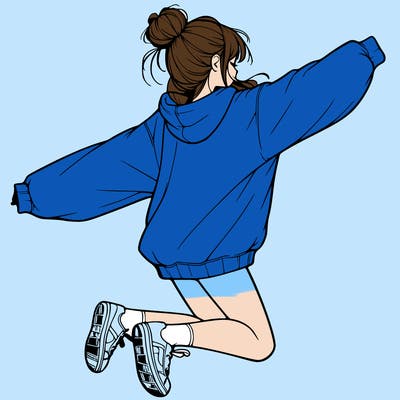 realistic girl jumping with a bun and oversized sweatshirt