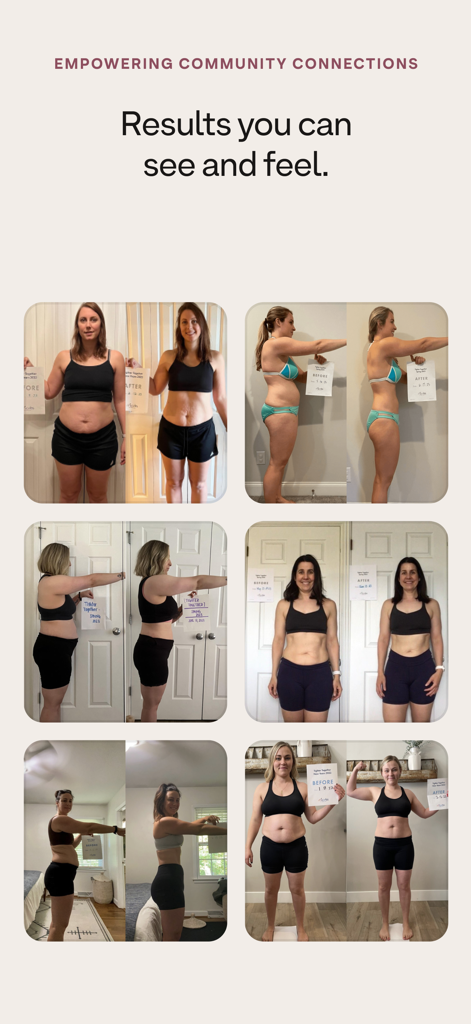 Before and after photos of women showing fitness results from the Moves by Madeline app.