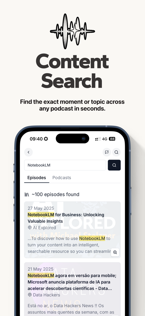 A screenshot of the Podwise mobile app showing the content search feature with search results for a specific topic across multiple podcast episodes