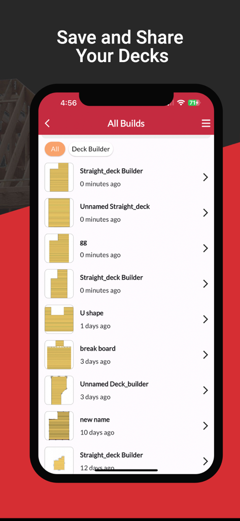 RedX Decks - 3D Deck Builder - RedX Decksモバイルアプリインターフェース内の保存されたデッキ構築プロジェクトのリスト