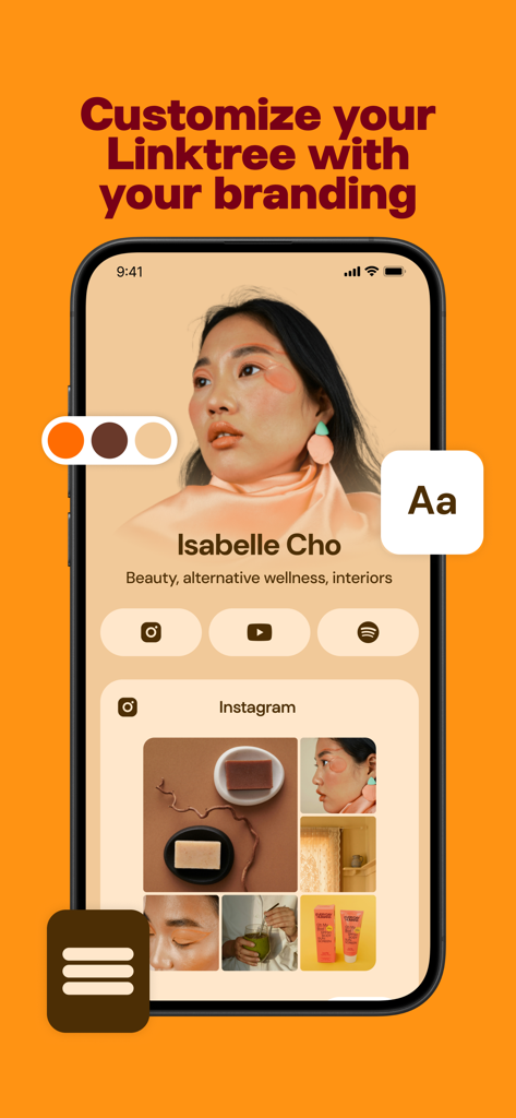 Linktree: Link in Bio Creator - 색상 및 글꼴을 포함한 뷰티 인플루언서 프로필을 위한 Linktree 맞춤 설정 옵션을 보여주는 스마트폰