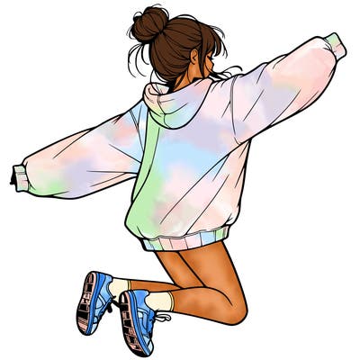 realistic girl jumping with a bun and oversized sweatshirt