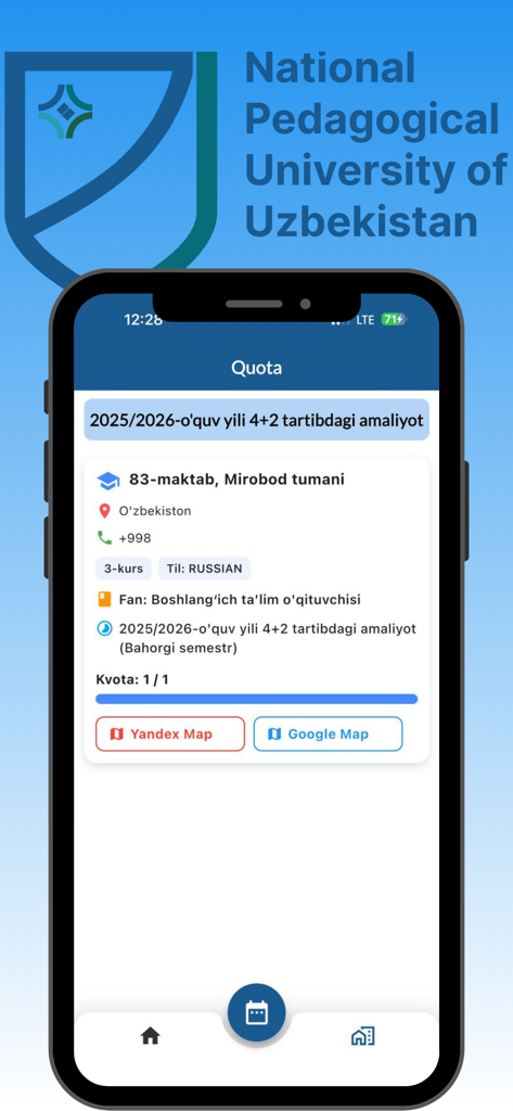 NPUU Internship - Pantalla de la aplicación NPUU Internship que muestra la ubicación de prácticas y la información de cuota.