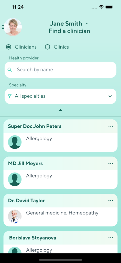 Medrec:M - Interface of the Medrec:M app showing the clinician search screen with a list of doctors and specialty filters