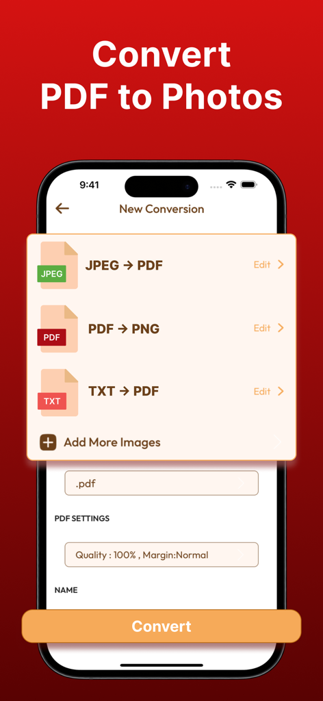 PDF Converter . Convert to PDF - Interfaz de la aplicación PDF Converter en un iPhone que muestra las opciones de conversión de PDF a fotos y de JPEG a PDF.