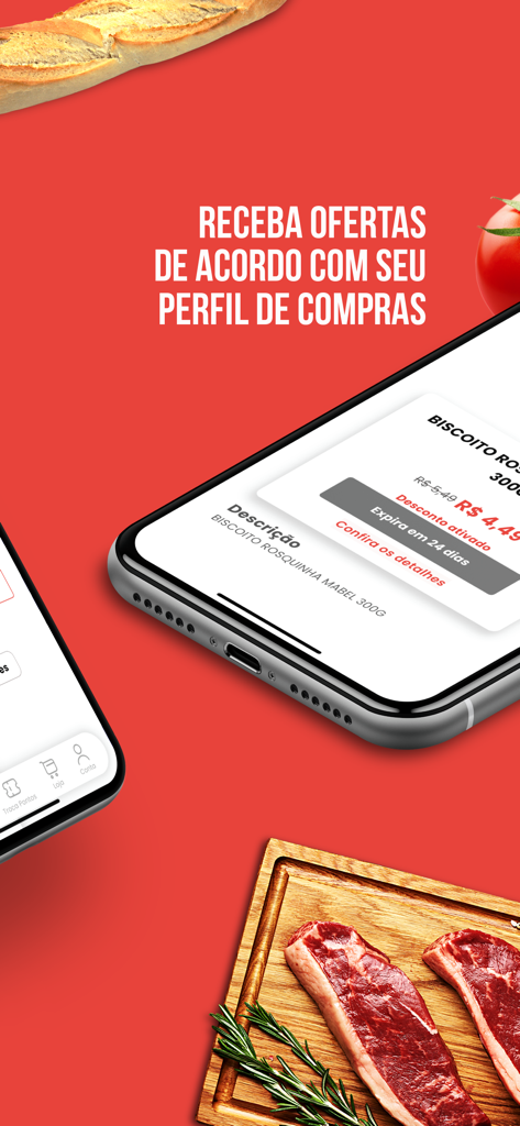 Clube Smart Supermercados - Um telefone celular exibindo descontos personalizados de supermercado no aplicativo Clube Smart Supermercados contra um fundo vermelho vibrante com itens de comida fresca.