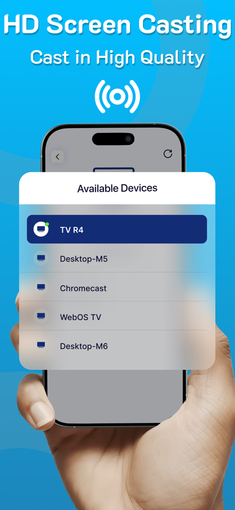 Mano sosteniendo un iPhone que muestra una lista de dispositivos disponibles para transmisión de pantalla HD