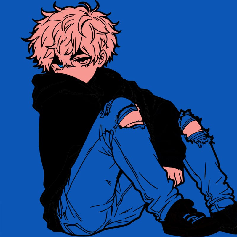 a male hoddie ripped jeans messy hair anime