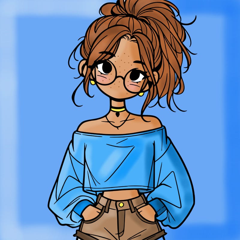 girl with a messy ponytail glasses a baggy crop top and jean shorts
