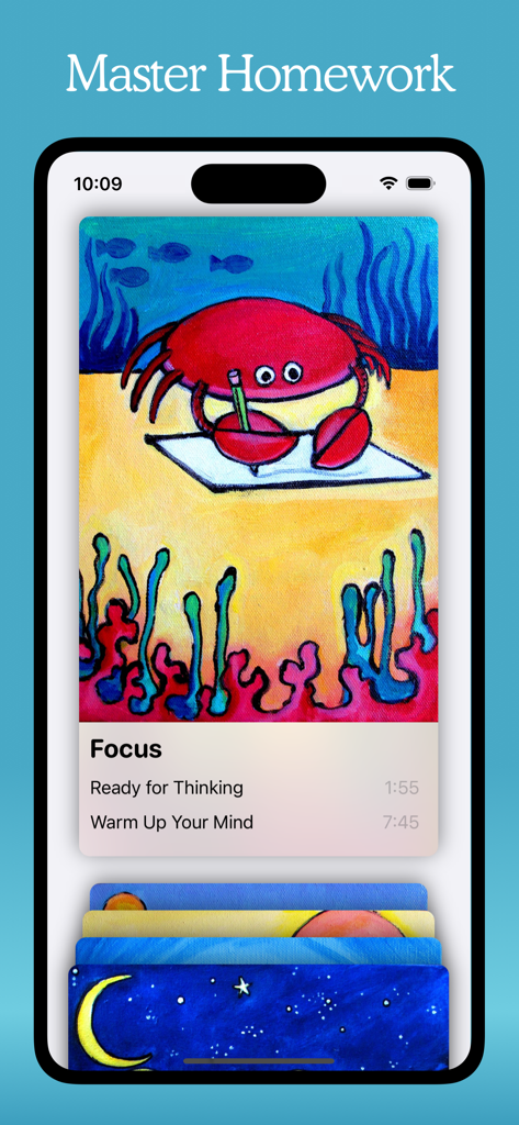 Kids Mindfulness Meditations - Kids mindfulness app screen showing a focus meditation module with a red crab painting