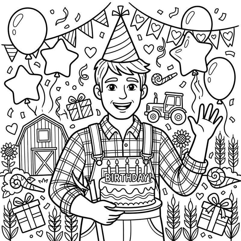 Get ready to celebrate a special farm birthday with this delightful coloring page featuring a cheerful farmer. Surrounded by festive decorations and charming farm elements, this scene is perfect for bringing joy to any coloring session.
