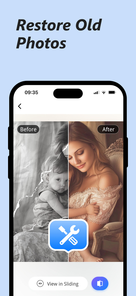 Picwand AI Photo Video Editor - Side by side comparison of a damaged black and white photo being restored and colorized by Picwand AI