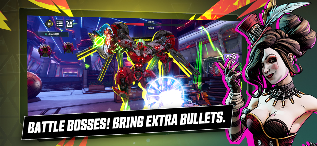 Borderlands Mobile - Borderlands Mobile gameplay showing a cinematic boss fight against a large red robot