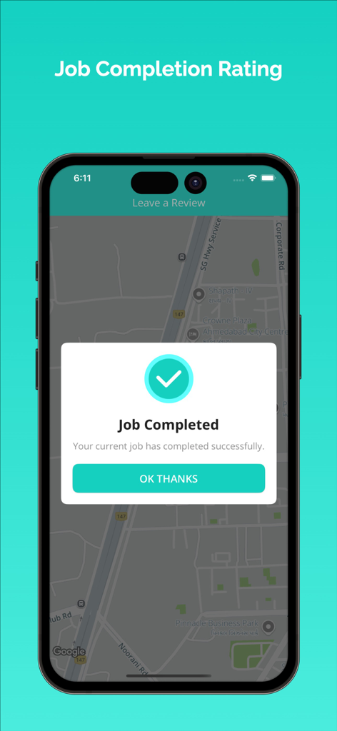 XMassage Masseur - Um display de celular mostrando um pop-up de confirmação de Trabalho Concluído no aplicativo do provedor XMassage Masseur.