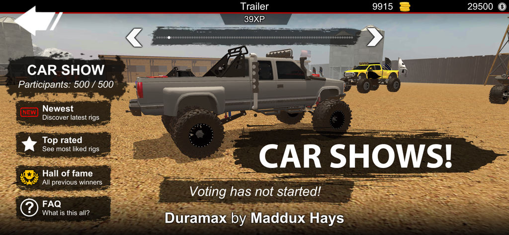 Menu do show de carros do Offroad Outlaws apresentando uma caminhonete cinza suspensa customizada