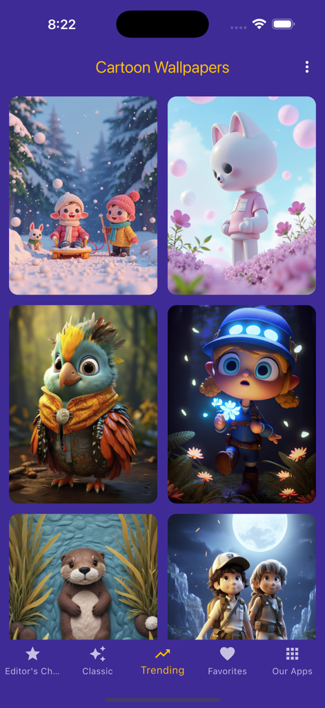 8k Cartoon Wallpapers - 高品質な3Dカートゥーンキャラクターと動物の壁紙のグリッドを示すモバイルアプリインターフェース。