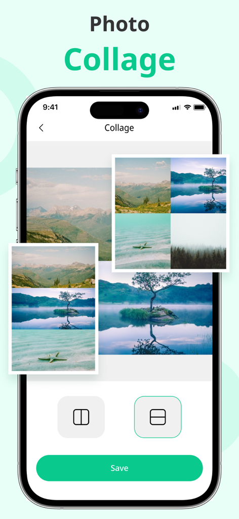 Speed Space: Phone Cleaner - Speed Space app interface showing the photo collage tool with mountain and lake pictures.