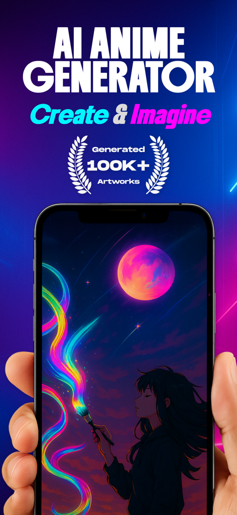 AI Anime Art Generator Villor - Affichage de l'application Générateur d'Art Anime IA Villor montrant une illustration anime numérique d'une fille peignant des traînées de lumière colorées sous une lune rose
